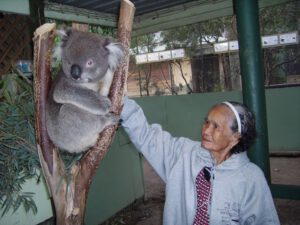 Domima admiring a kaola bear 