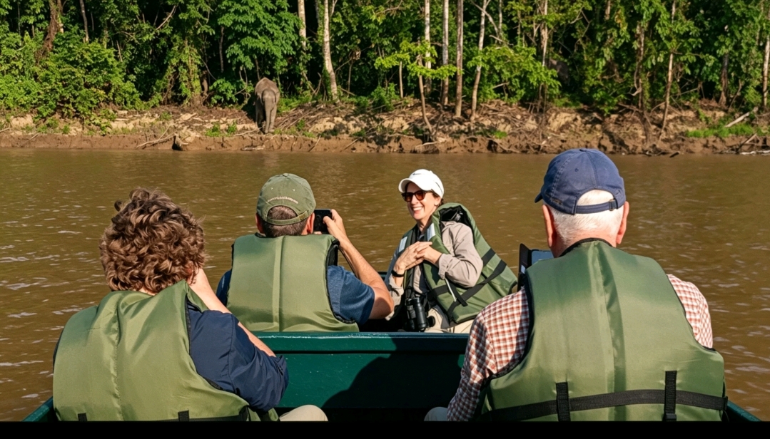guests sighting a Bornean pygmy elephant by the riverbank in Kinabatangan