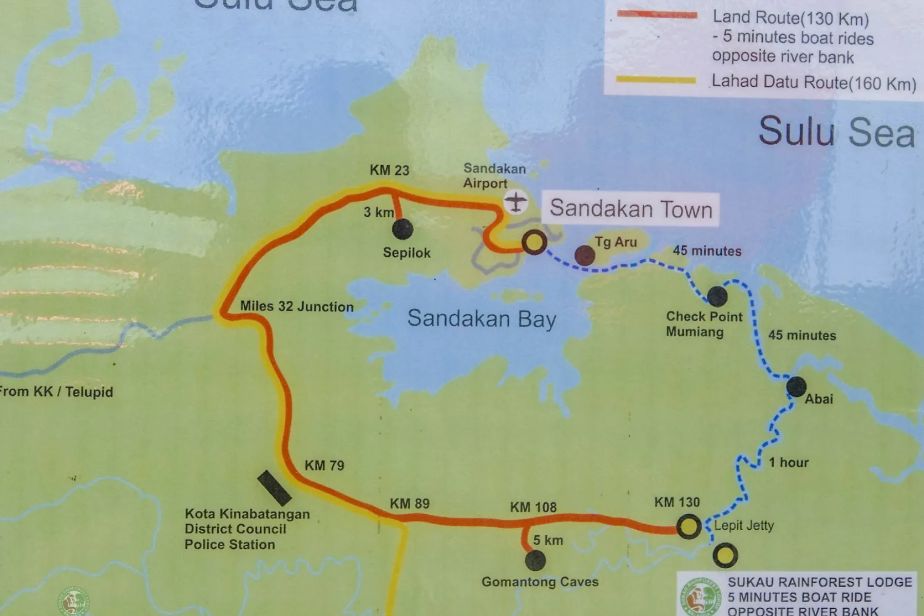 Map showing journey by speedboat to Sukau